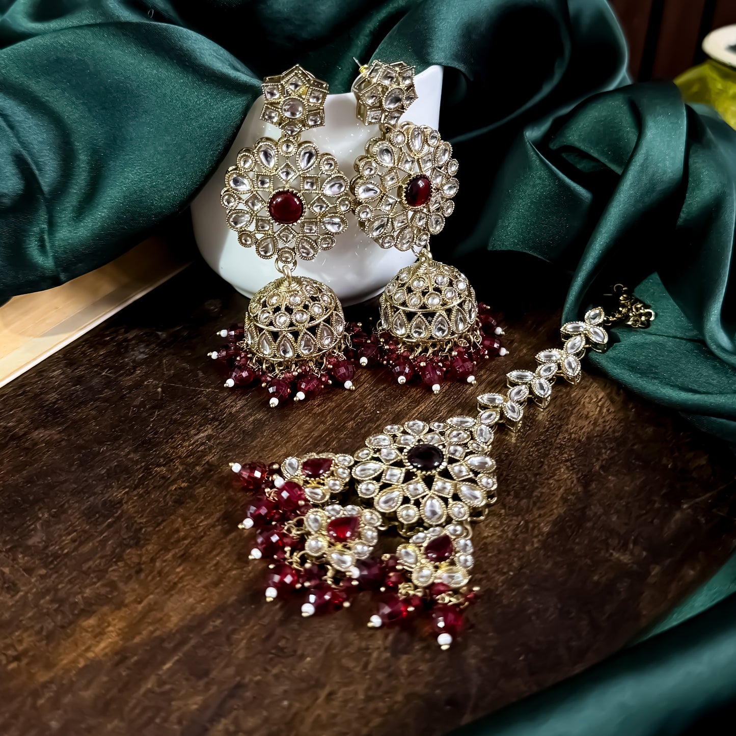 Shabana Premium Kundan Pearl Choker Necklace Set - Maroon