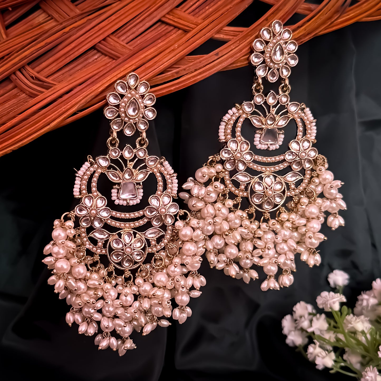 Sanjoya Jadau Pearl Chandbali Earrings - Golden