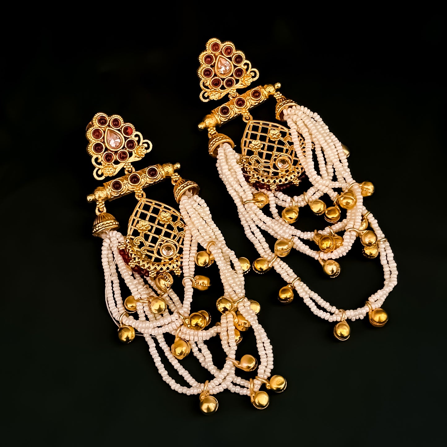 Shambhavi Premium Kashmiri Brass Pearl Chandbali Earrings - Ruby Pink