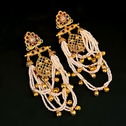 Shambhavi Premium Kashmiri Brass Pearl Chandbali Earrings - Ruby Pink