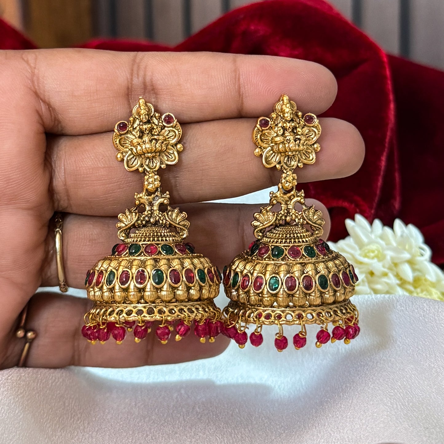 Nishika Temple Jhumka Earrings - Pink & Green