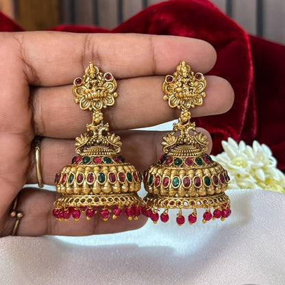 Nishika Temple Jhumka Earrings - Pink & Green