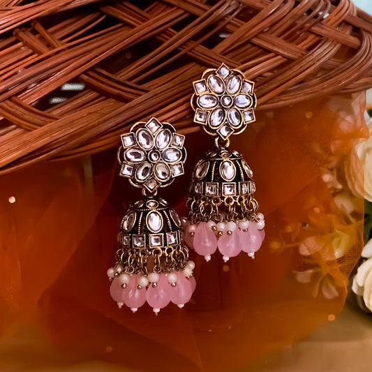 Aashika Pearl Jhumka Earrings- Baby Pink
