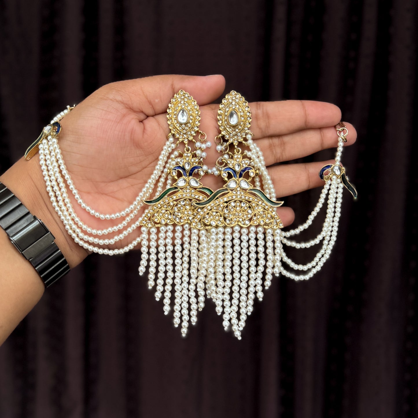 Saira Pearl Peacock Chandbali Earrings with Sahara/Earchains