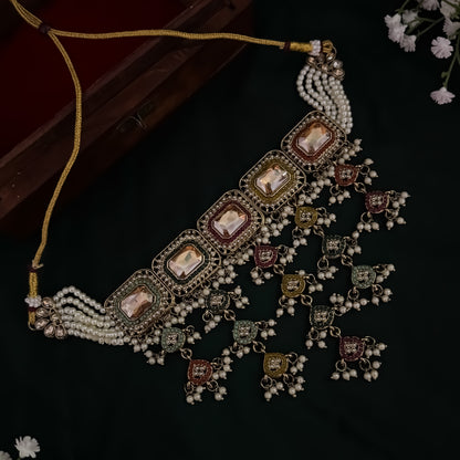 Miraj Jadau Reverse AD Necklace Set - Multi