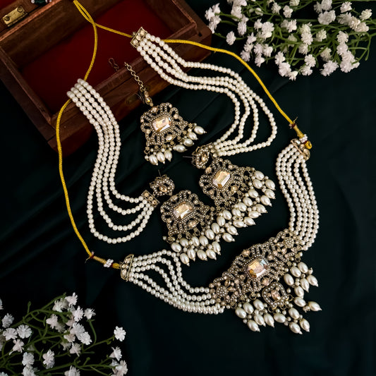 Jodha Jadau Reverse AD Necklace Set with Sahara Earrings & Teeka - Golden