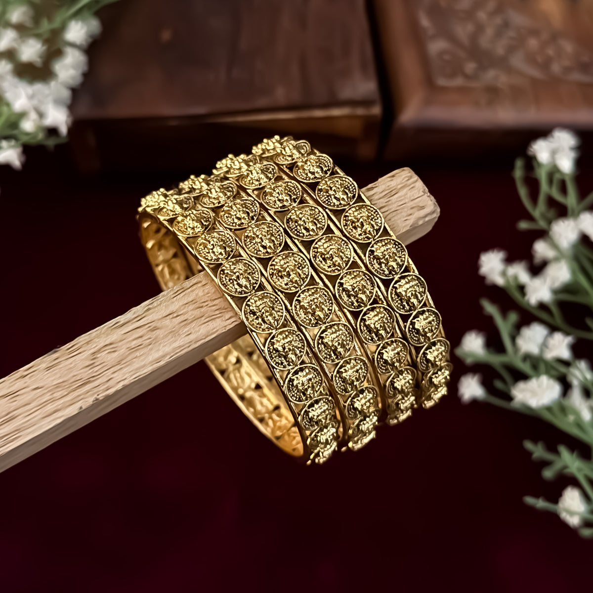Aadhira Lakshmi Coin Temple Gold Bangles - Golden (Set of 4)