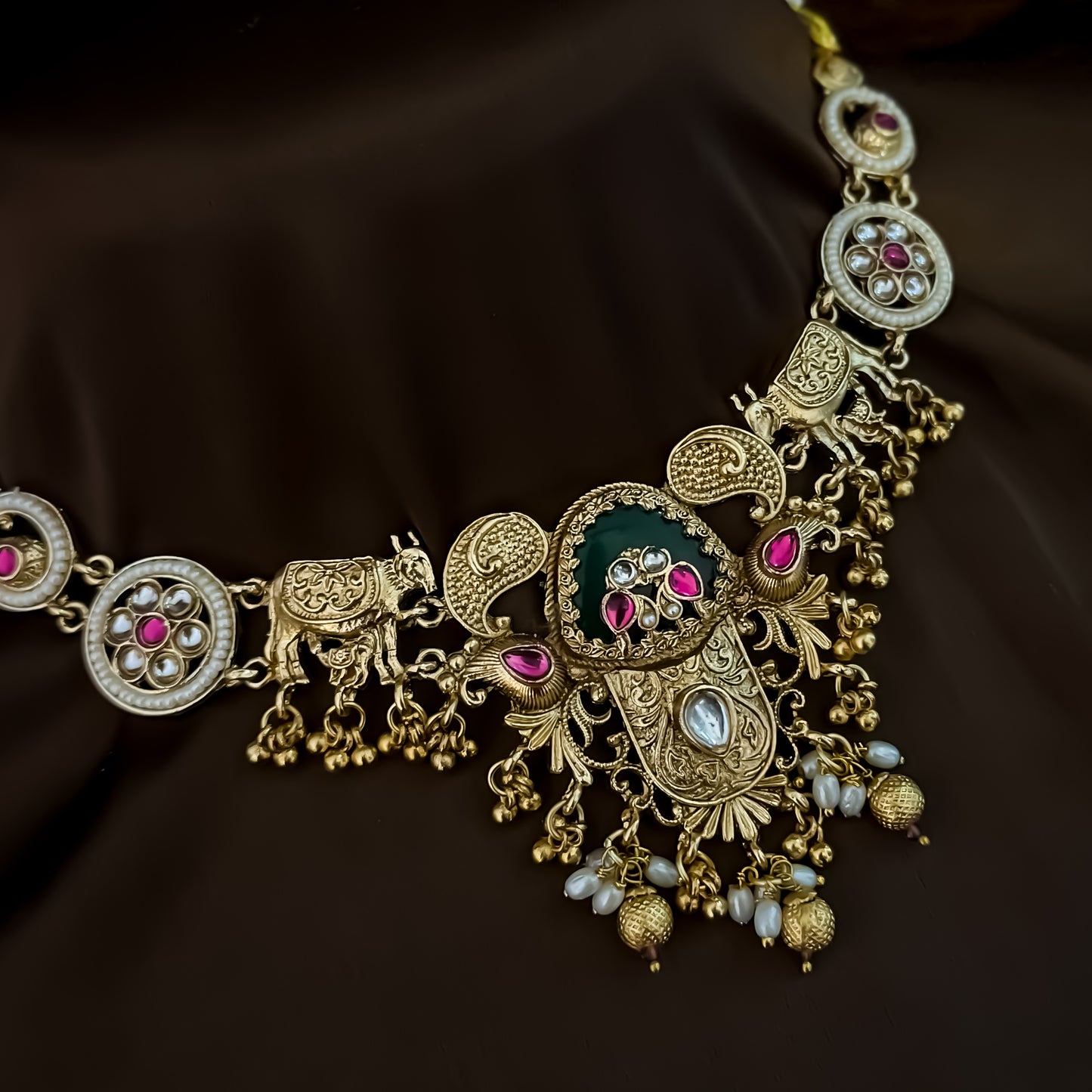 Rasina Heritage Rajwadi Necklace Set - Pink & Green