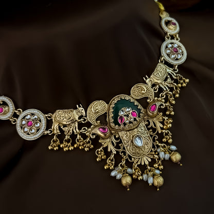 Rasina Heritage Rajwadi Necklace Set - Pink & Green