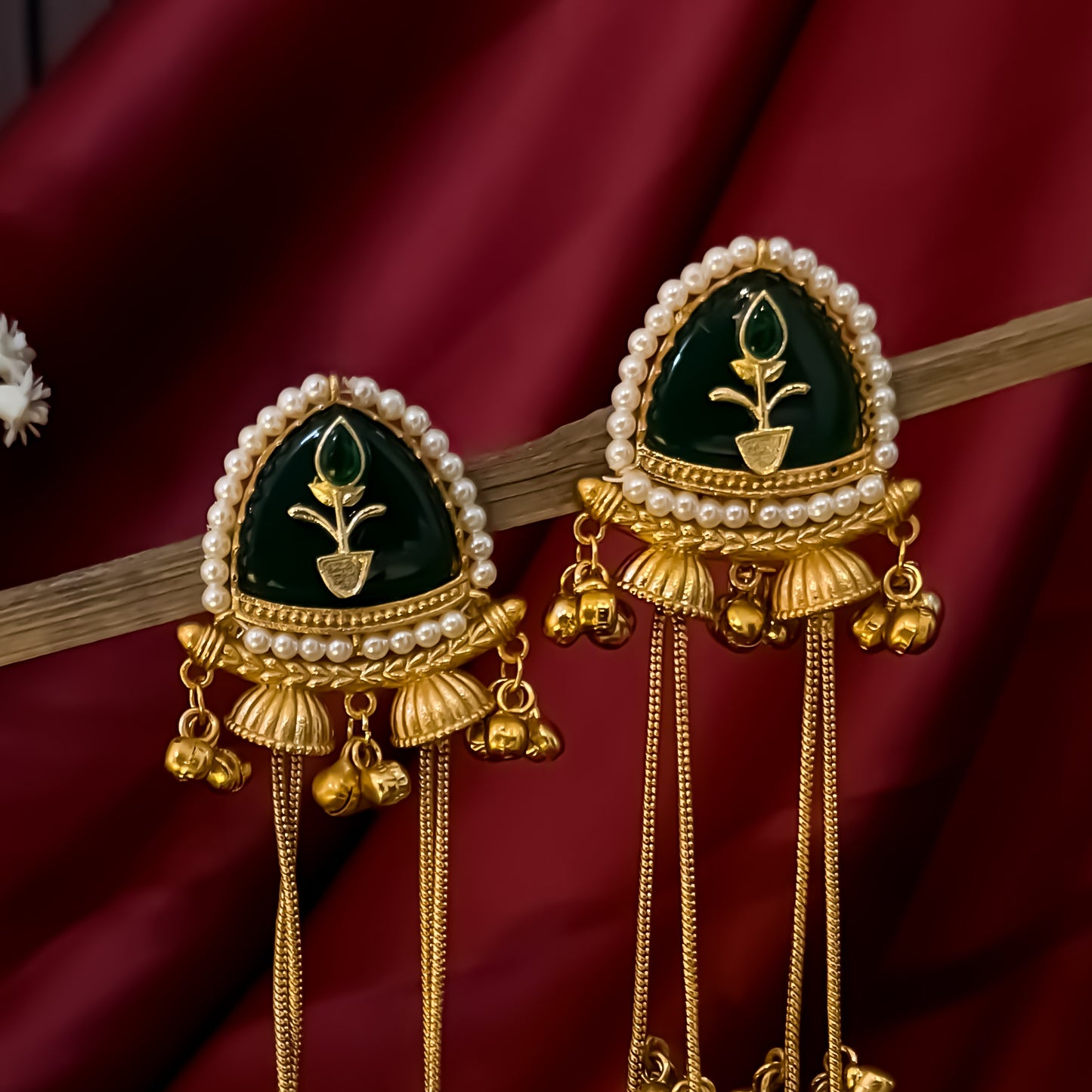 Vishakha MOP Kashmiri Brass Dejhoor Ghungroo Jhumka Earrings - Green