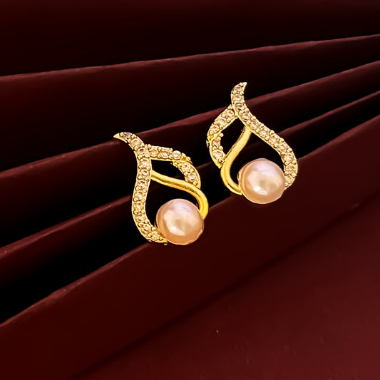 Elsa American Diamond Pearl Stud Earrings - Golden