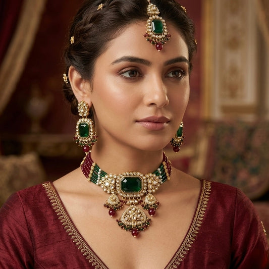 Shriya Kundan Choker Necklace Set - Maroon & Green
