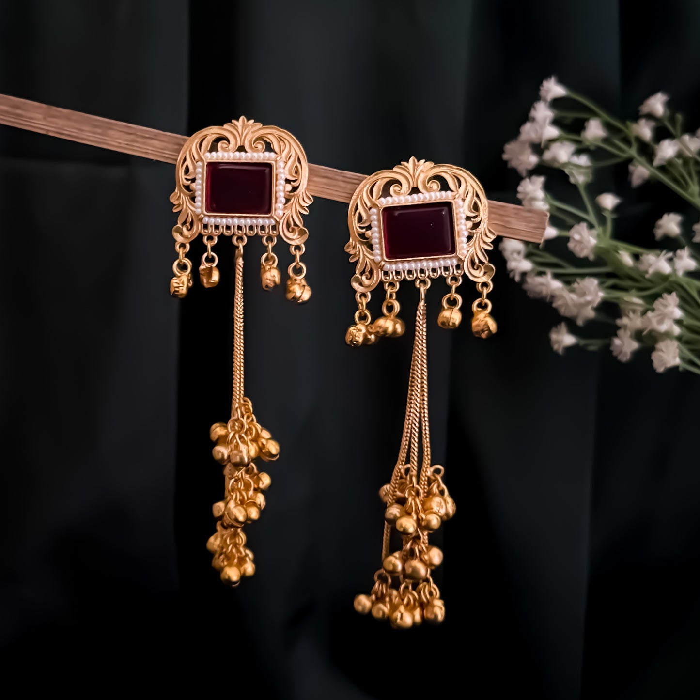 Kuntala Premium Kashmiri Brass Dejhoor Ghungroo Earrings - Golden & Maroon