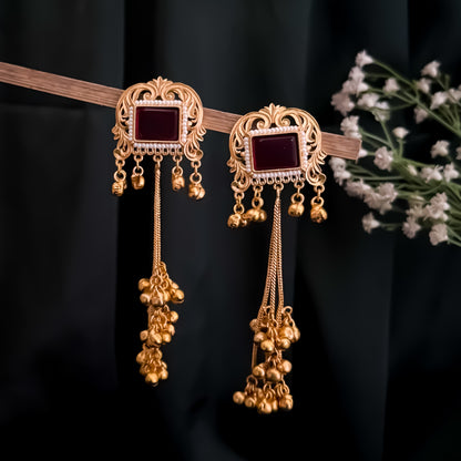 Kuntala Premium Kashmiri Brass Dejhoor Ghungroo Earrings - Golden & Maroon