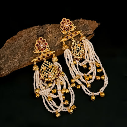 Shambhavi Premium Kashmiri Brass Pearl Chandbali Earrings - Ruby Pink