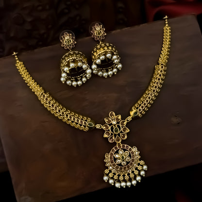 Trishna AD Hasli Necklace Set with Jhumka - Golden