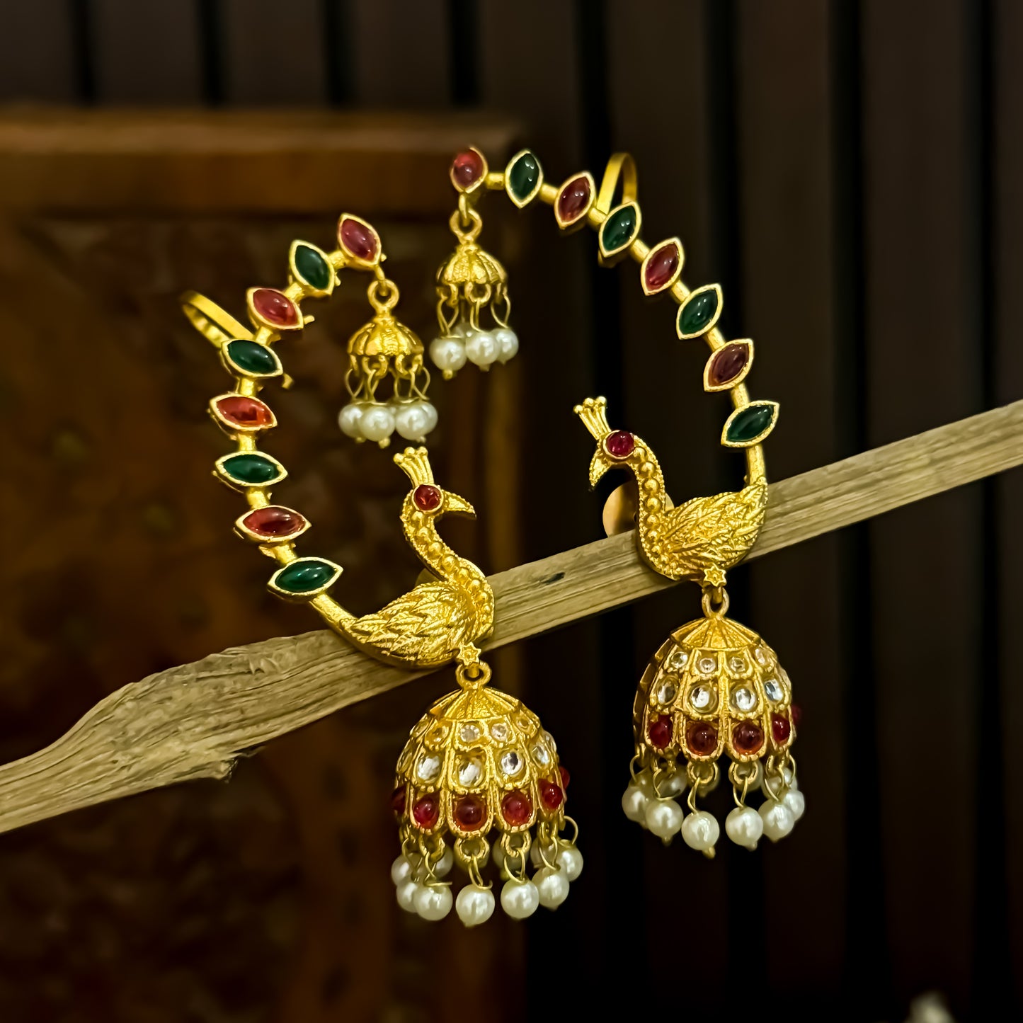 Rene Peacock Premium Kashmiri Brass Earcuff Earrings - Pink & Green