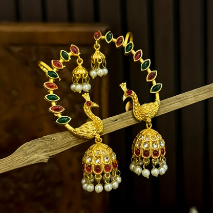 Rene Peacock Premium Kashmiri Brass Earcuff Earrings - Pink & Green