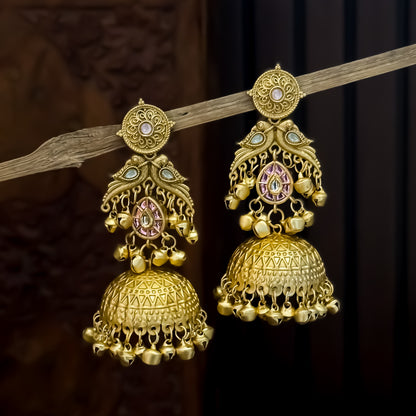 Jhalak Premium Kashmiri Matte Polish Ghungroo Jhumka Earrings - Pastel Pink & Green