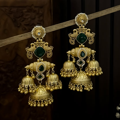 Falak Premium Kashmiri Matte Polish Jhumka Earrings - Green