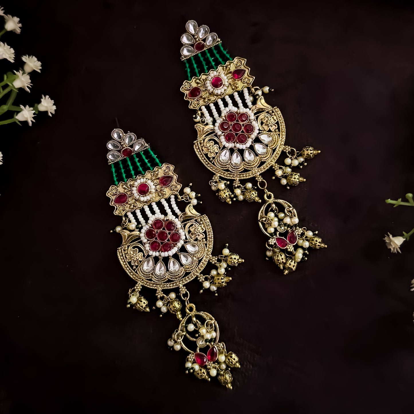 Raaj Rani Fusion Chandbali Green & Pink Earrings