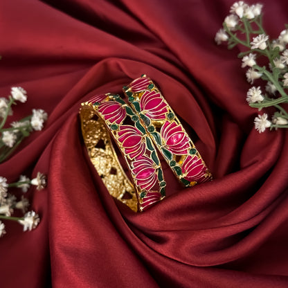 Pink Nalini Lotus Lakshmi Temple Gold Bangles - Set of 2