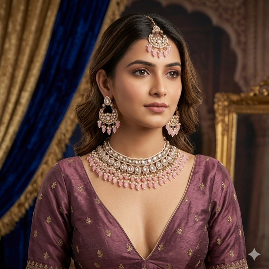 Rumaisa Jadau Kundan Necklace Set - Pastel Pink