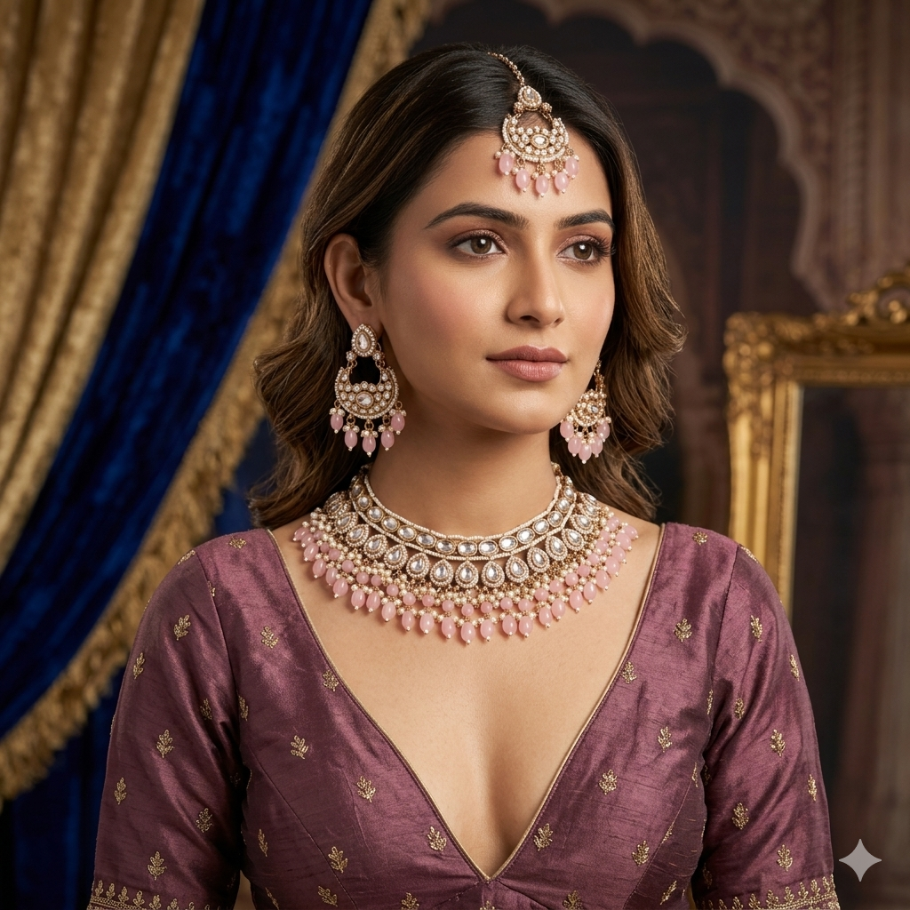 Rumaisa Jadau Kundan Necklace Set - Pastel Pink