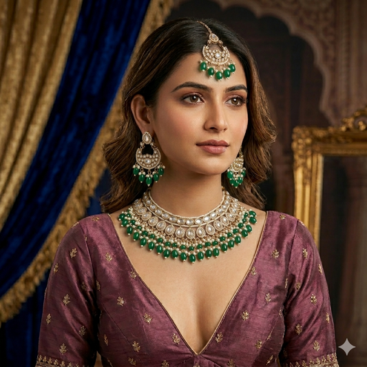 Rumaisa Jadau Kundan Necklace Set - Green