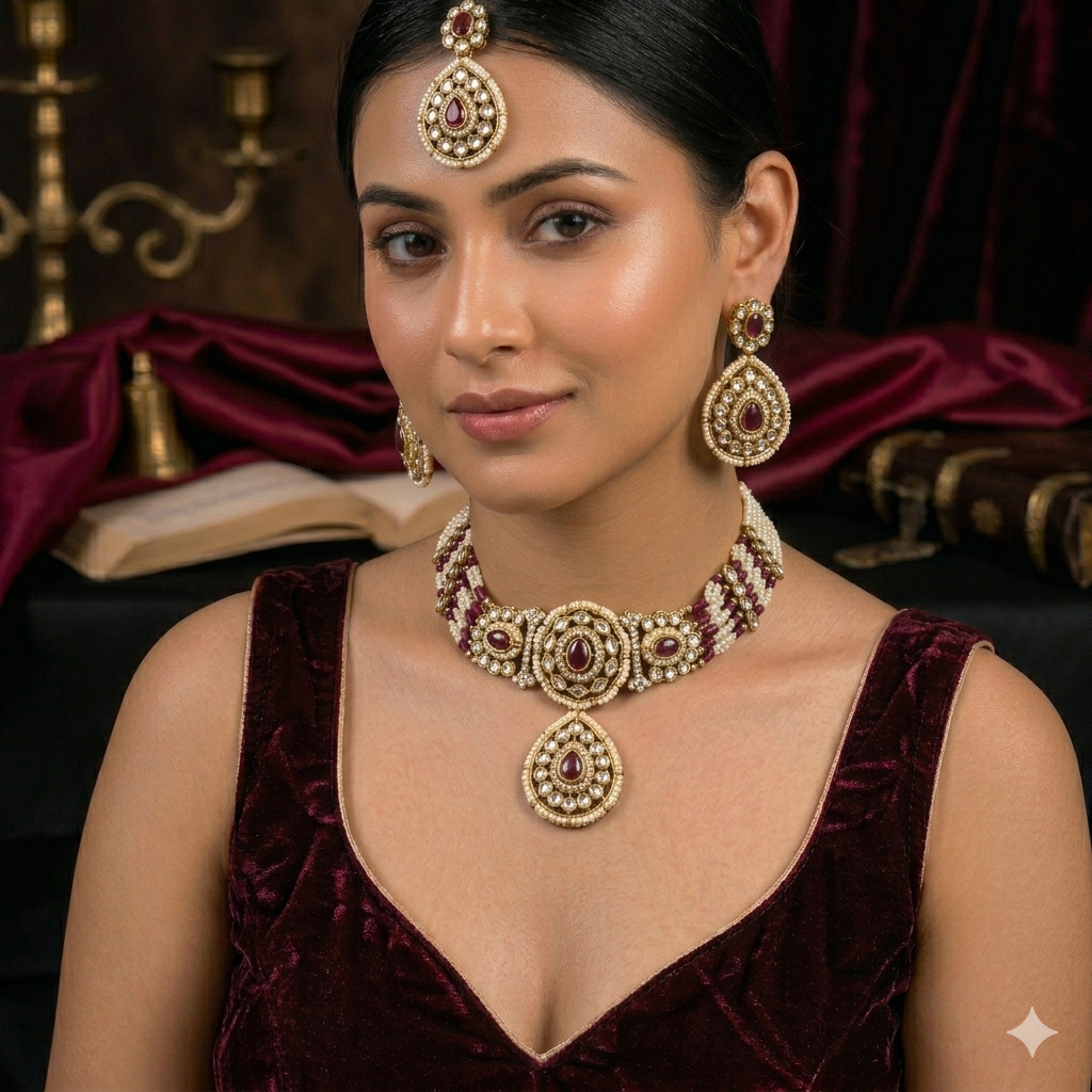 Sanjana Royal Dabi Kundan Choker Necklace Set - Wine