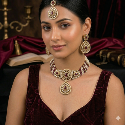 Sanjana Royal Dabi Kundan Choker Necklace Set - Wine
