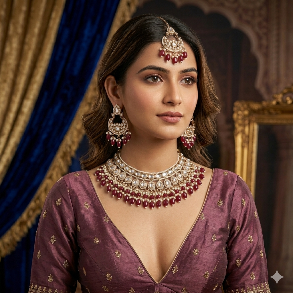 Rumaisa Jadau Kundan Necklace Set - Maroon