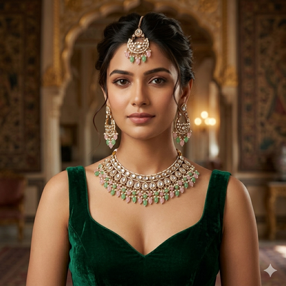 Rumaisa Jadau Kundan Necklace Set - Pastel Pink & Green