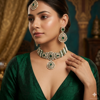 Sanjana Royal Dabi Kundan Choker Necklace Set - Green