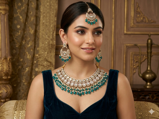 Rumaisa Jadau Kundan Necklace Set - Peacock Blue