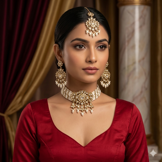 Sajal Royal Dabi Kundan Choker Necklace Set - Golden