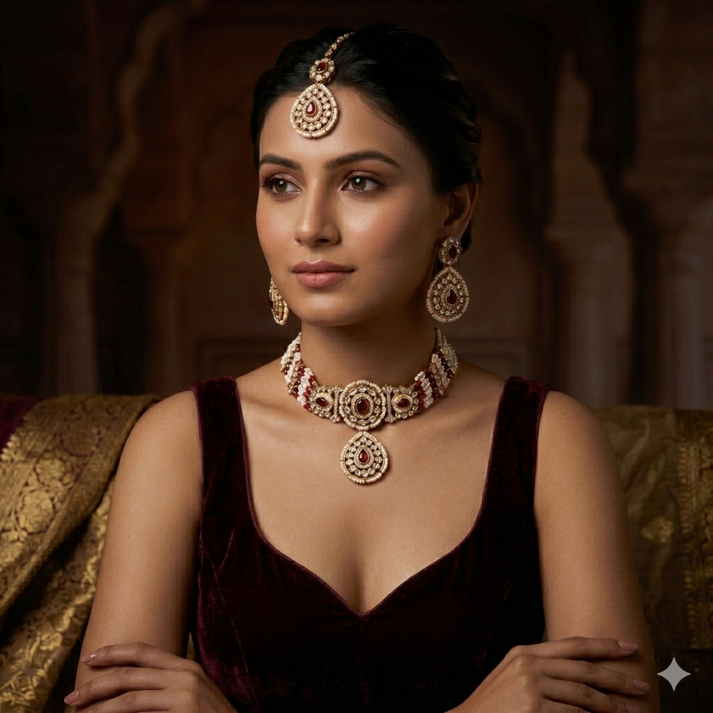 Sanjana Royal Dabi Kundan Choker Necklace Set - Maroon