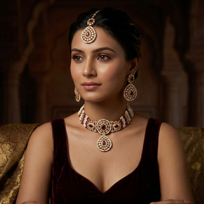 Sanjana Royal Dabi Kundan Choker Necklace Set - Maroon