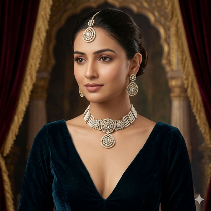 Sanjana Royal Dabi Kundan Choker Necklace Set - Golden