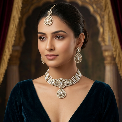 Sanjana Royal Dabi Kundan Choker Necklace Set - Golden