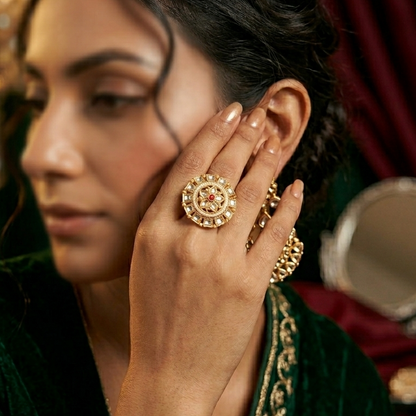 Kiran Premium Kundan Ring - White & Pink