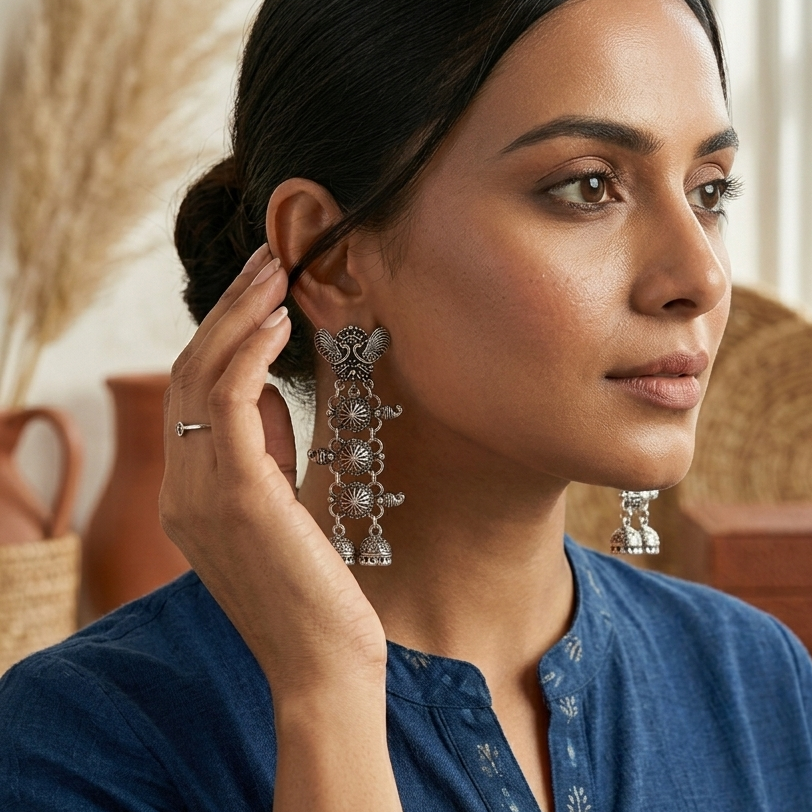 Peacock  Embellished Multi Layer Oxidised Jhumka Earrings