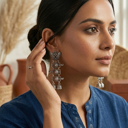Peacock  Embellished Multi Layer Oxidised Jhumka Earrings