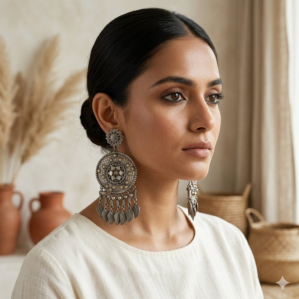 Leaf Motif Silver Oxidised Chandbali Earrings