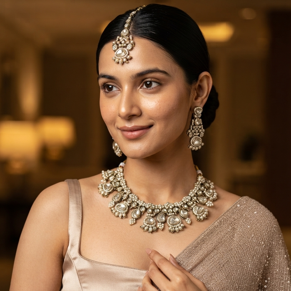 Jehana Premium Polki Lookalike Necklace Set - Golden