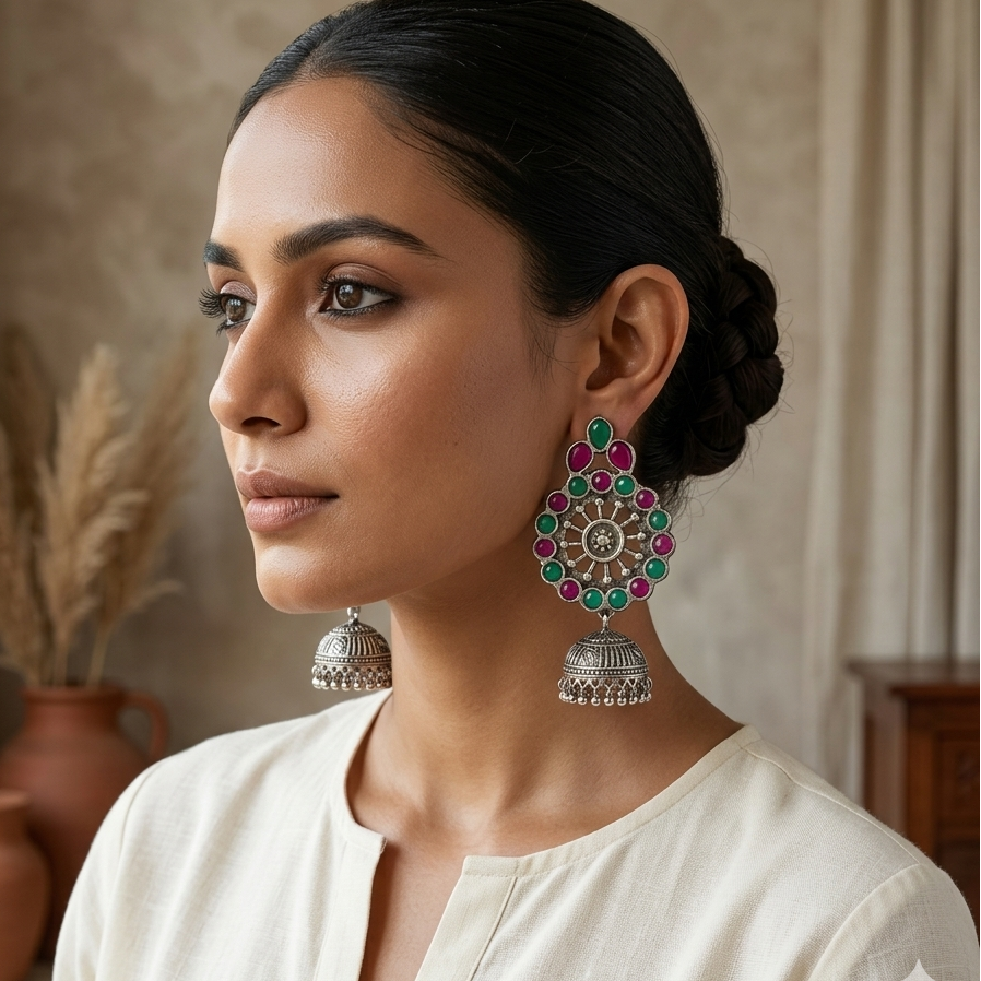 Oxidised Multi Colour Jhumka Earring