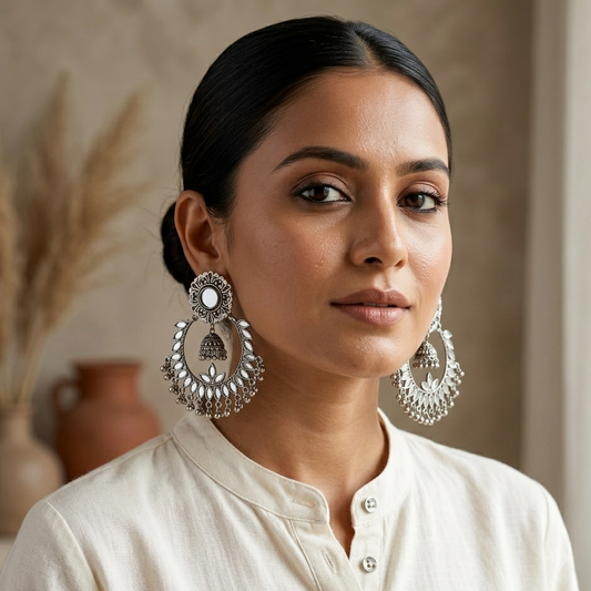 Chandni Mirror Silver Oxidised Chandbali Earrings