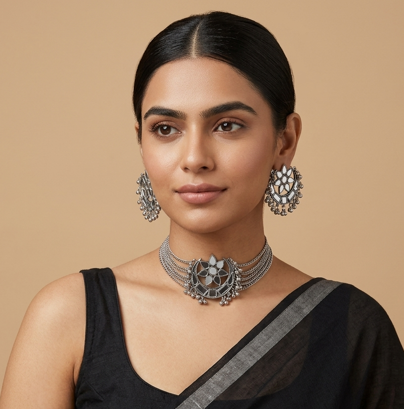 Half Chand premium oxidized silver choker necklace set featuring inlaid diamond and round mirrors large crescent half moon pendant and cascading mini ghunghroo bells