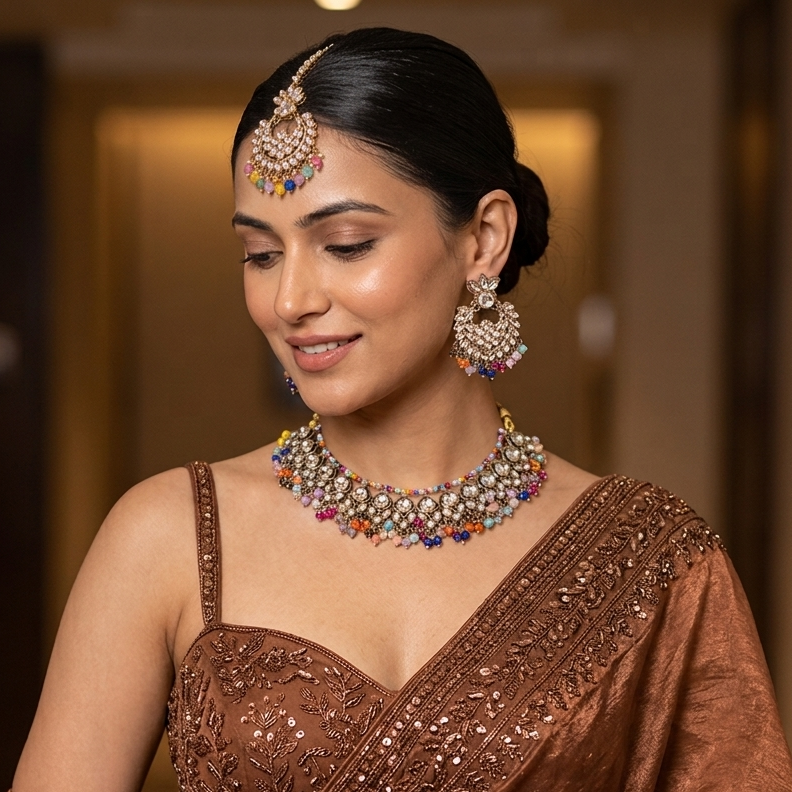 Harleen premium antique gold kundan broad choker necklace set featuring multi layered clear dabi stones and a dense cascading fringe of wine magenta beads with matching chandbalis and maang tikka