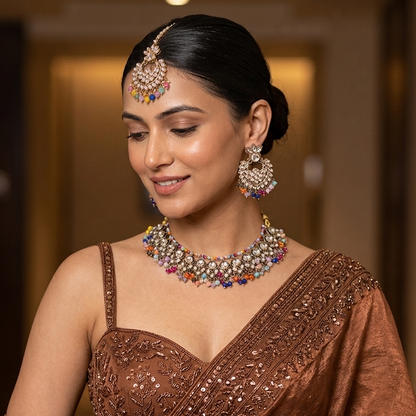 Harleen premium antique gold kundan broad choker necklace set featuring multi layered clear dabi stones and a dense cascading fringe of wine magenta beads with matching chandbalis and maang tikka